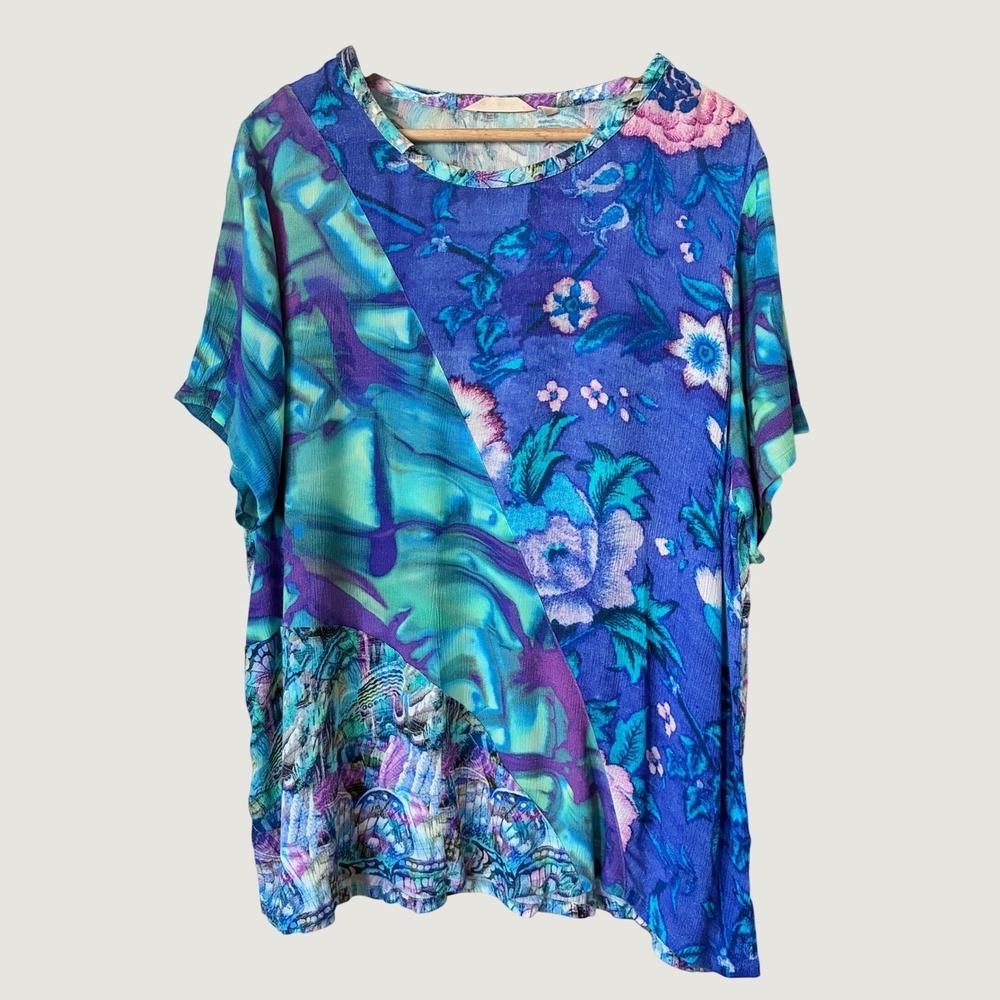 Soft Surroundings Blue Floral Patchwork Fairycore Viscose Top 1X Casual